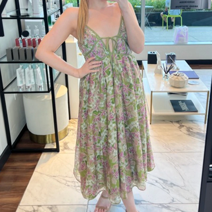 Prairie Chic Robe longue à nouer sur le devant pour femme, col en V, sans manches, bretelles spaghetti, imprimé floral, robe de vacances