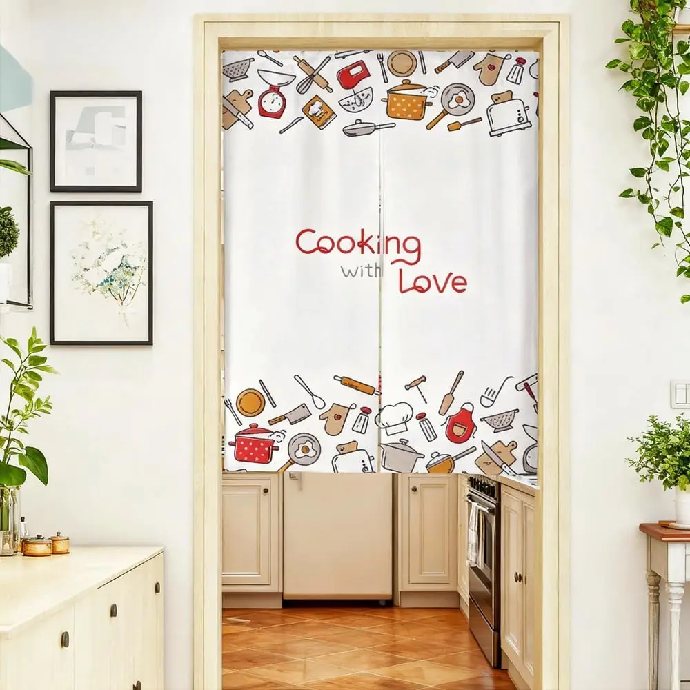 Cooking with Love Kitchen Noren Curtain, Cute Kitchen Utensil Print, Japanese Door Curtain for Kitchen Entrance Room Divider