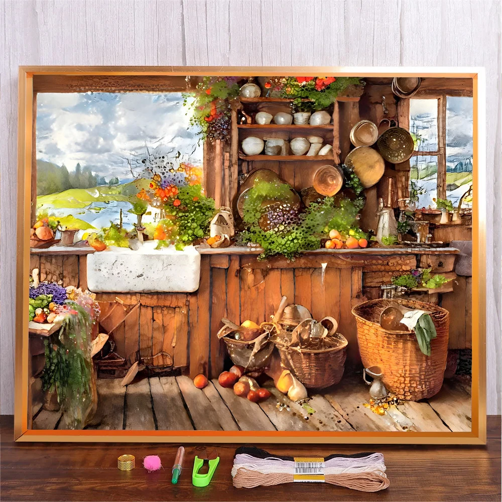 

Embroidery Kit For Kitchen Scenery DIY Full Printed Pattern Landscape Cross Stitch Set Needlework Handmade Sewing Art Craft Kit