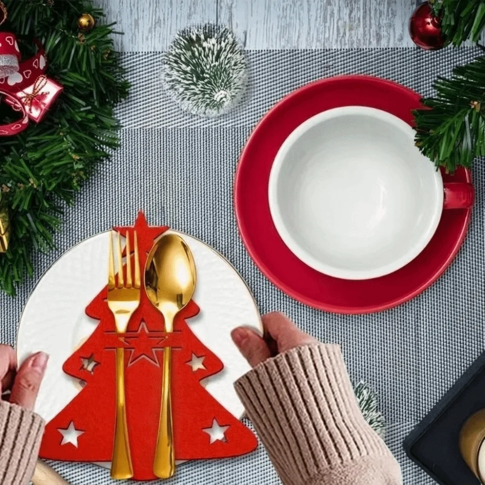 Tree or Reindeer Shape Christmas Cutlery Holders Red Flat Silhouette Christmas Utensil Pockets Cutlery Slot