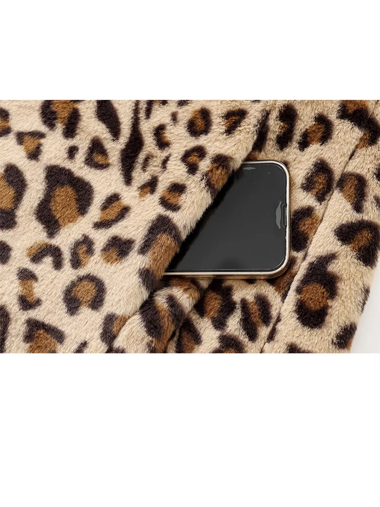 HH 女性の冬のファッションターンダウン襟ヒョウ柄フェイクファージャケット女性シングルブレストポケット装飾長袖コート