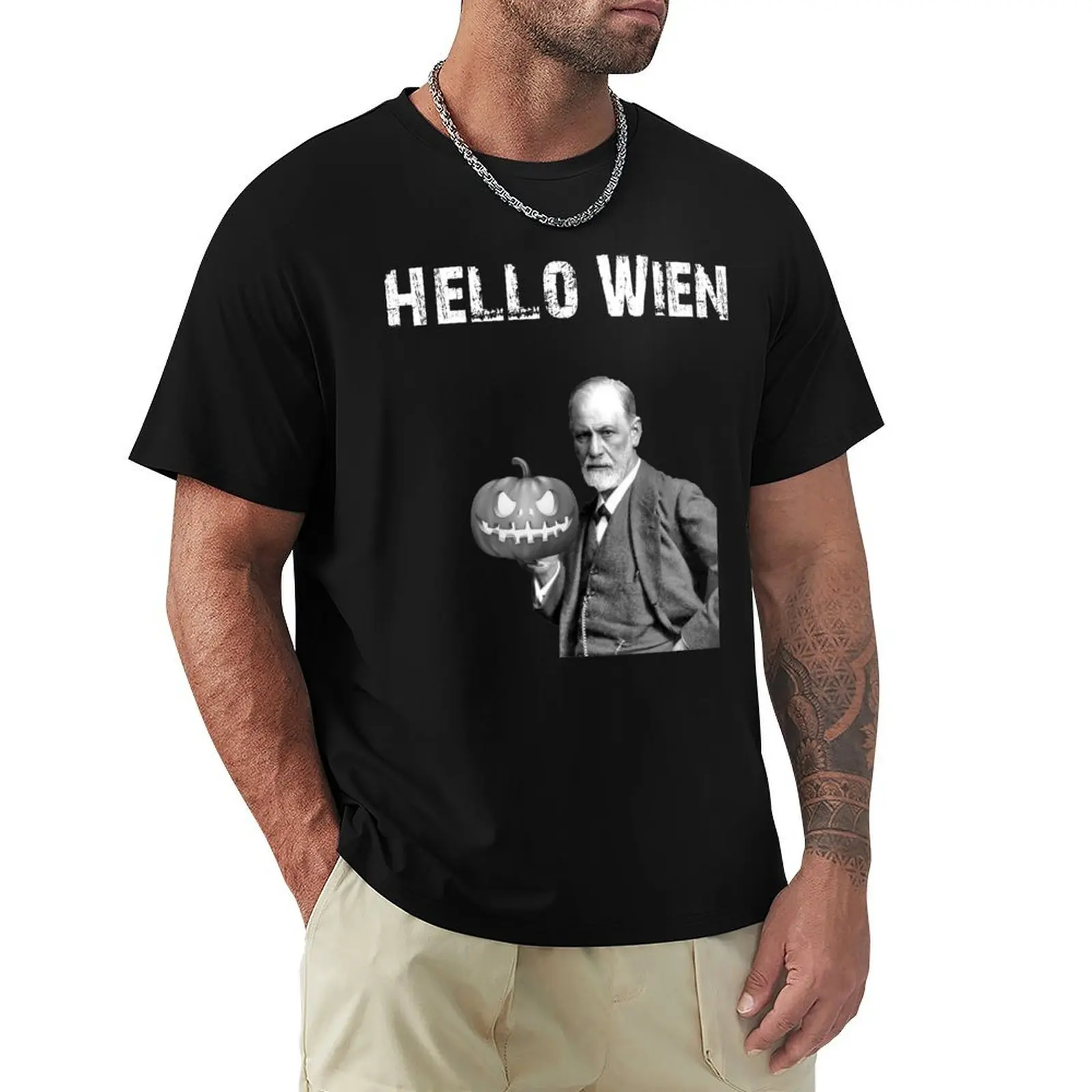 

Hello Vienna with Sigmund Freud and a Halloween pumpkin T-Shirt blacks custom shirt Men's t shirts