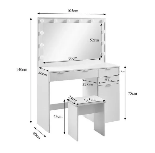 KD Dressing Table With Lights Around Mirror Wood Beauty Glass Top Dressing Table With Drawers and Light Bulbs