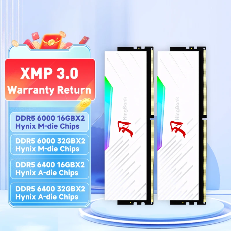 KingBank brand series DDR5 RGB RAM Memory DDR5 RAM PC 16GB 32GB 64GB 6000MHz 6400 MHz RAM for Desktop White Hynix Chip