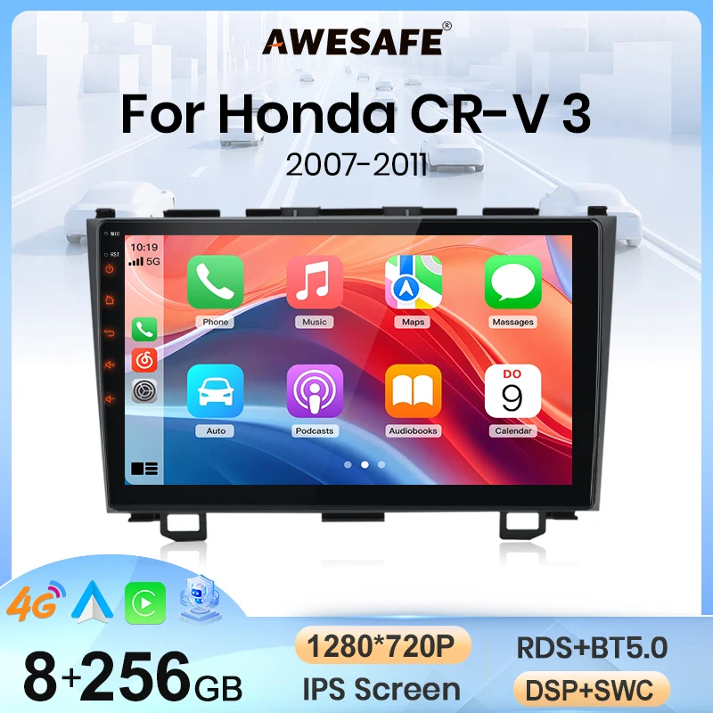 Autoradio AWESAFE sans fil CarPlay Android Auto pour Honda CR-V 3 RE CRV 2007 2008 2009 2010 2011, autoradio multimédia 2 DIN avec ventilateur de refroidissement intégré, systèmes intelligents, écran tactile, lecteur vidéo, unité principale, autoradio, navigation GPS, SWC, 4G, WIFI, RDS, DSP