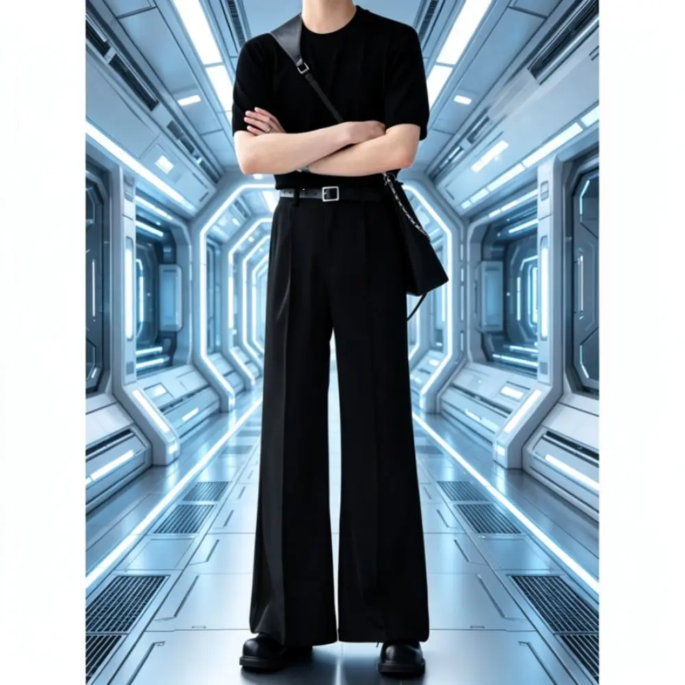 Mens Wide Leg Flare Pants Elegant Draped Suit Trousers American Style Black Slim Fit Formal Casual Daily Wear Non Iron