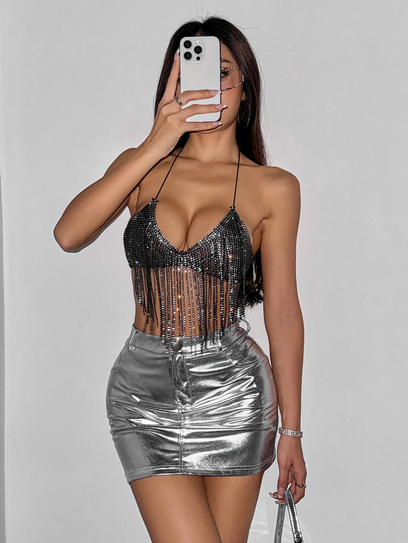 Sexy Backless V Neck Halter Neck Camisole Luxury Shiny Rhinestone Mesh Fringed Tank Top For Women Nightclub Party Crop Tops