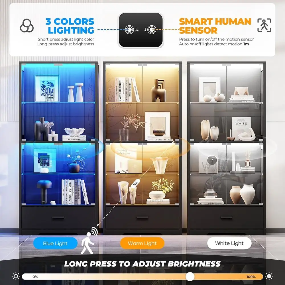 4-Tier Glass Curio Cabinet with Adjustable Shelves, 3-Color Light & Human Body Sensor, Black view 3