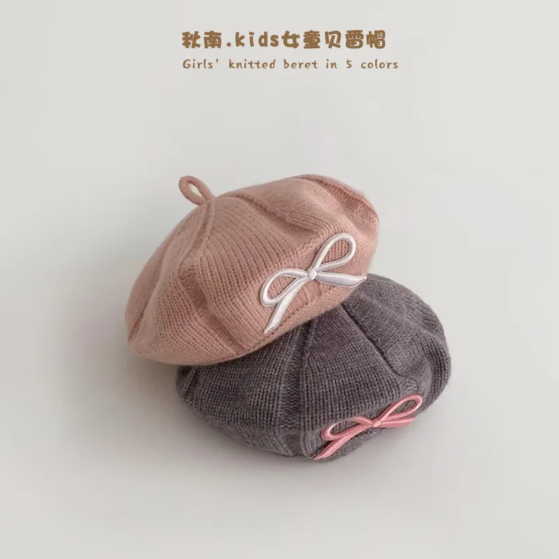 

2-6Y Bow Baby Beret Hat Winter Warm Knitted Beanie Cap for Infant Girls Korean Toddler Princess Artist Solid Color Painter Caps