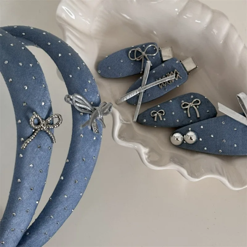 Silver Bow Hot Diamond Blue Sweet Cool Girl Cowboy Hair Hoop New Daily Versatile Hair Clip Exquisite Headband