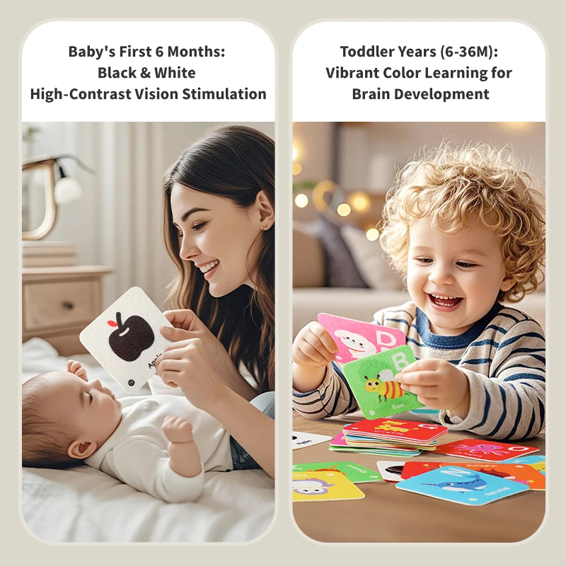 26枚のソフトリバーシブルフラッシュカード、0～18ヶ月の赤ちゃん向け、幼児の視覚刺激、白黒カードとカラフルカード、収納付き