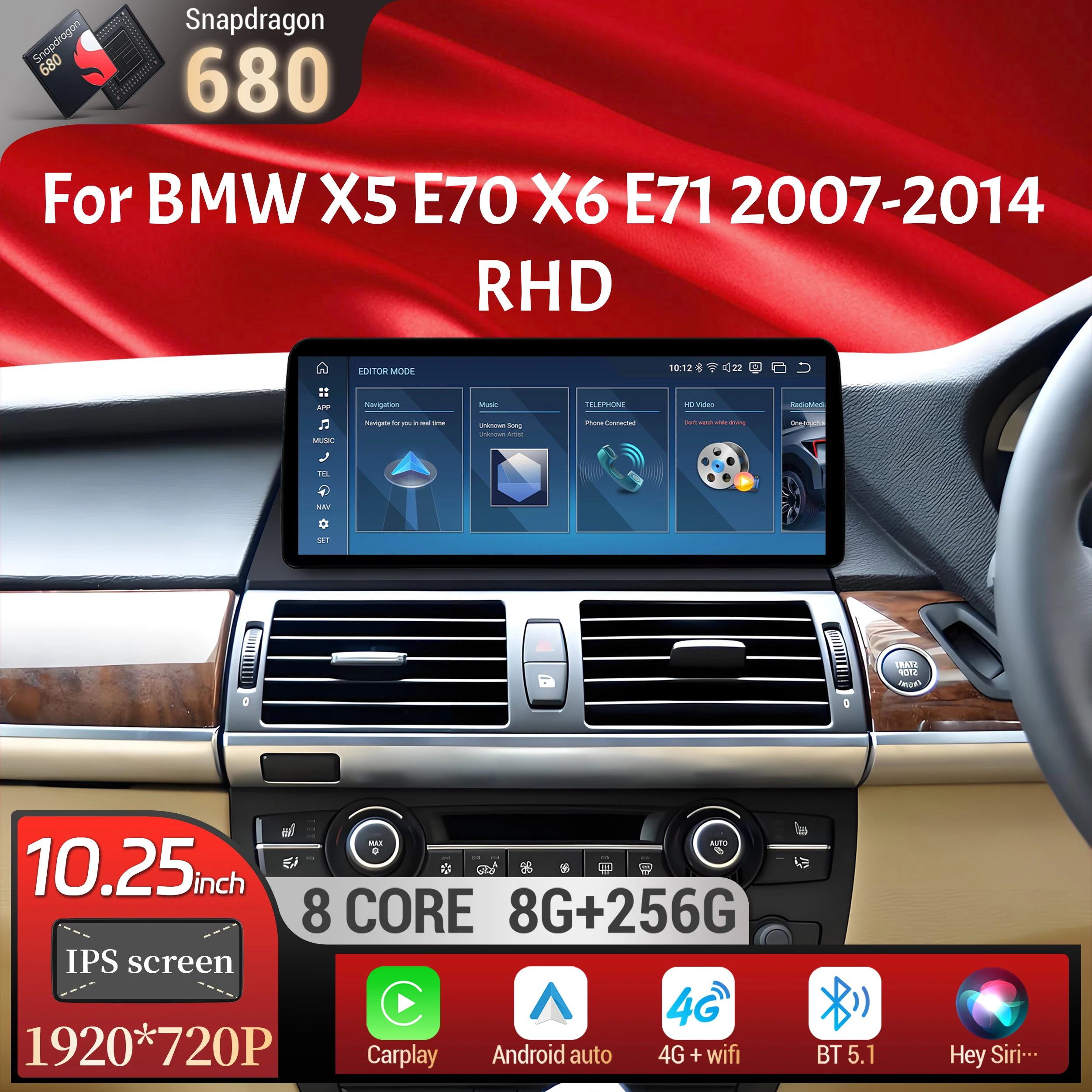 

10.25 inch Right Hand Drive Android 14 For BMW X5 E70 X6 E71 2007-2014 Car Radio Wireless BT Carplay Snapdragon 680 Touch Screen