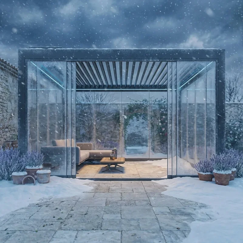 Thermal Insulated Aluminum Bioclimatic Pergola with Freeze Proof Drainage System Luxury Alpine Ski Resort and Cabin