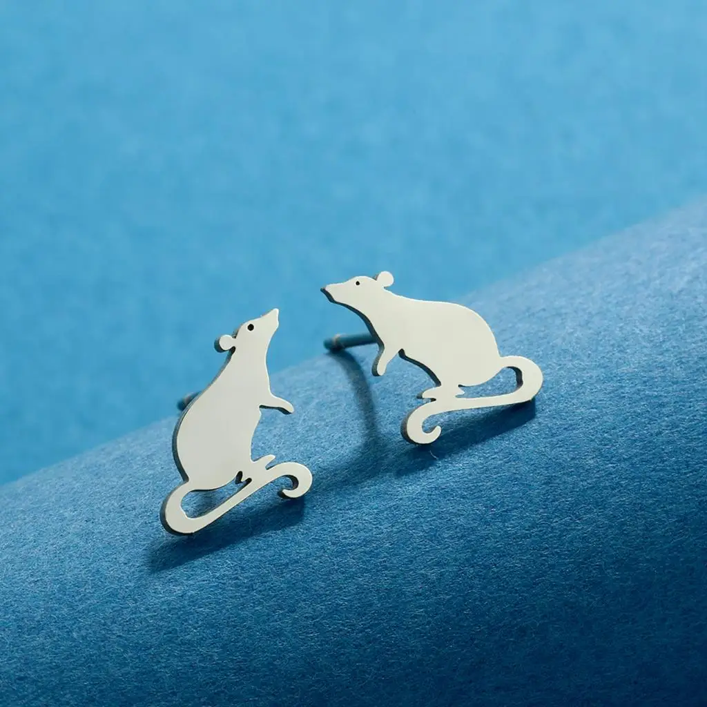 QIAMNI Naughty Rat Stud Earrings Female Men Trendy Stainless Steel Mouse Earring Cute Cartoon Rodent Animal Jewelry Kids Gift