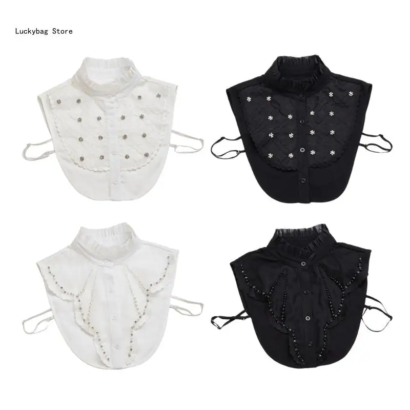 

Womens Half Shirt Blouse Collar Insert with Button Closure and Adjustable Elastic Band Pearls Beaded Ruffle Stand Collar