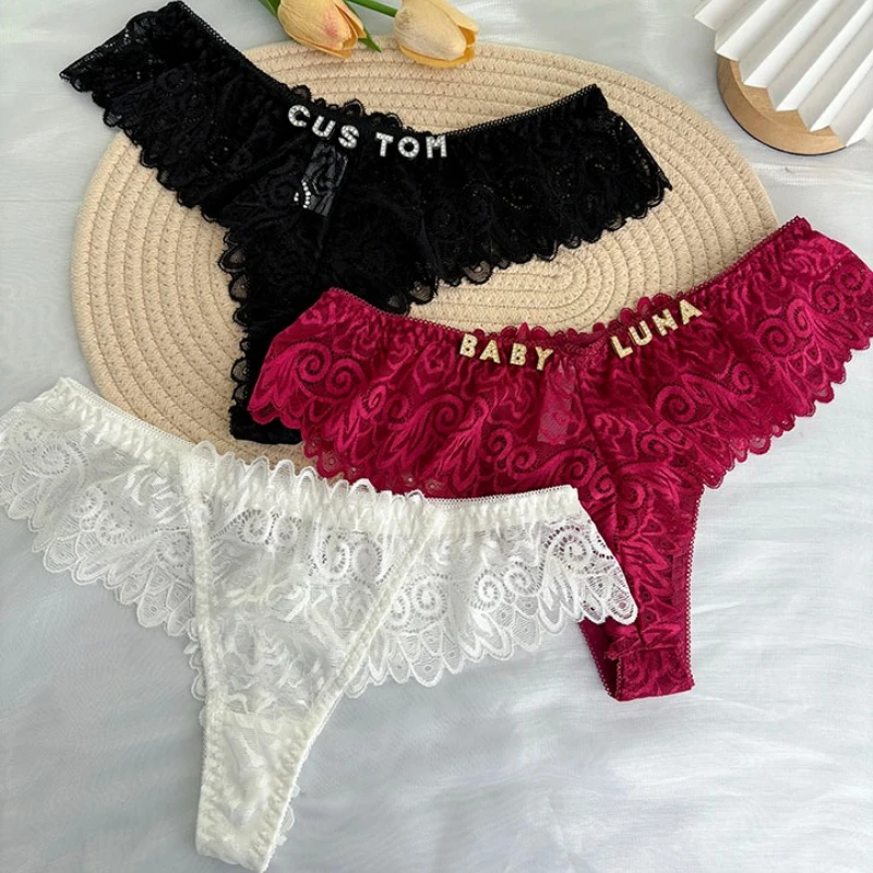 Custom Crystal letters Name underpants knickers Sexy lace bikini panties Low Waist Briefs Girlfriend wife anniversary gifts