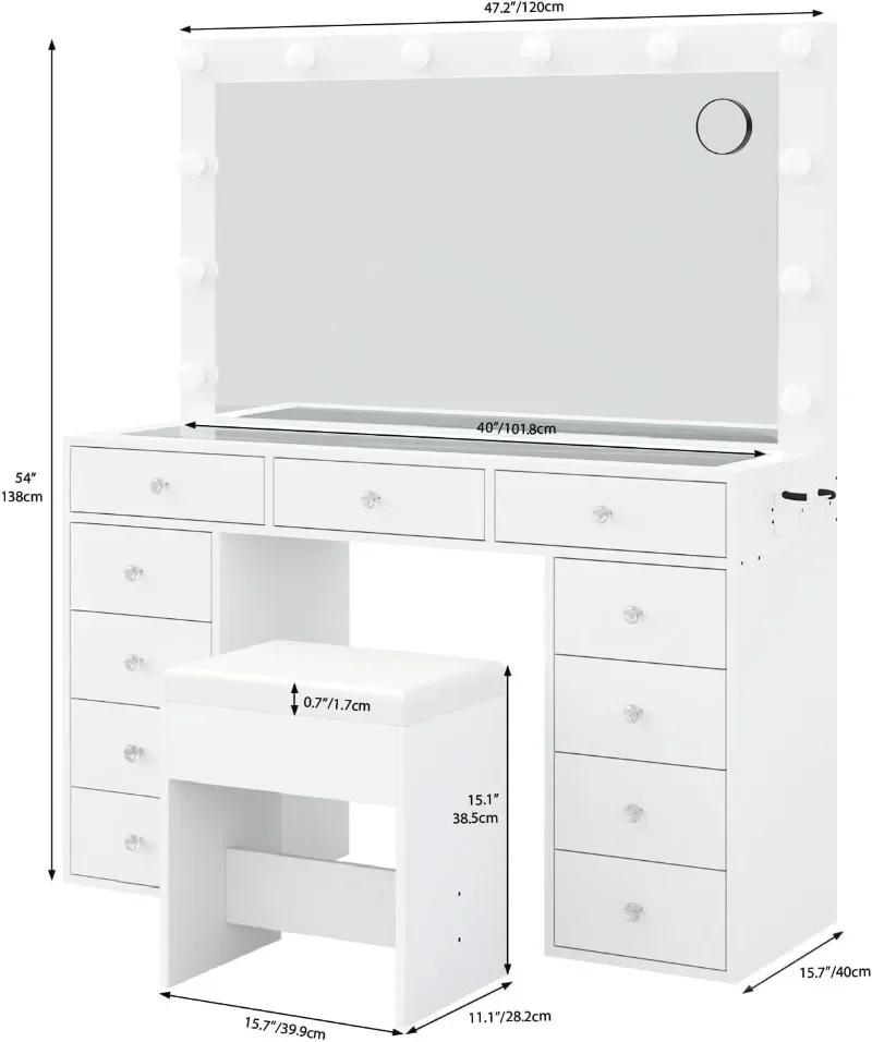 FUSOU Vanity Desk with Power Outlet, Makeup Vanity with Mirror Vanity Table with Chair, Glass Top, Dressing Table for Bedroom