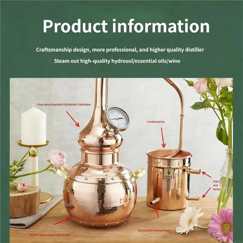 جهاز تقطير النحاسات Alembic لا يزال لتخمير المنزل وتقطير الخمور لصنع الزيوت العطرية مع مقياس درجة الحرارة P9YB