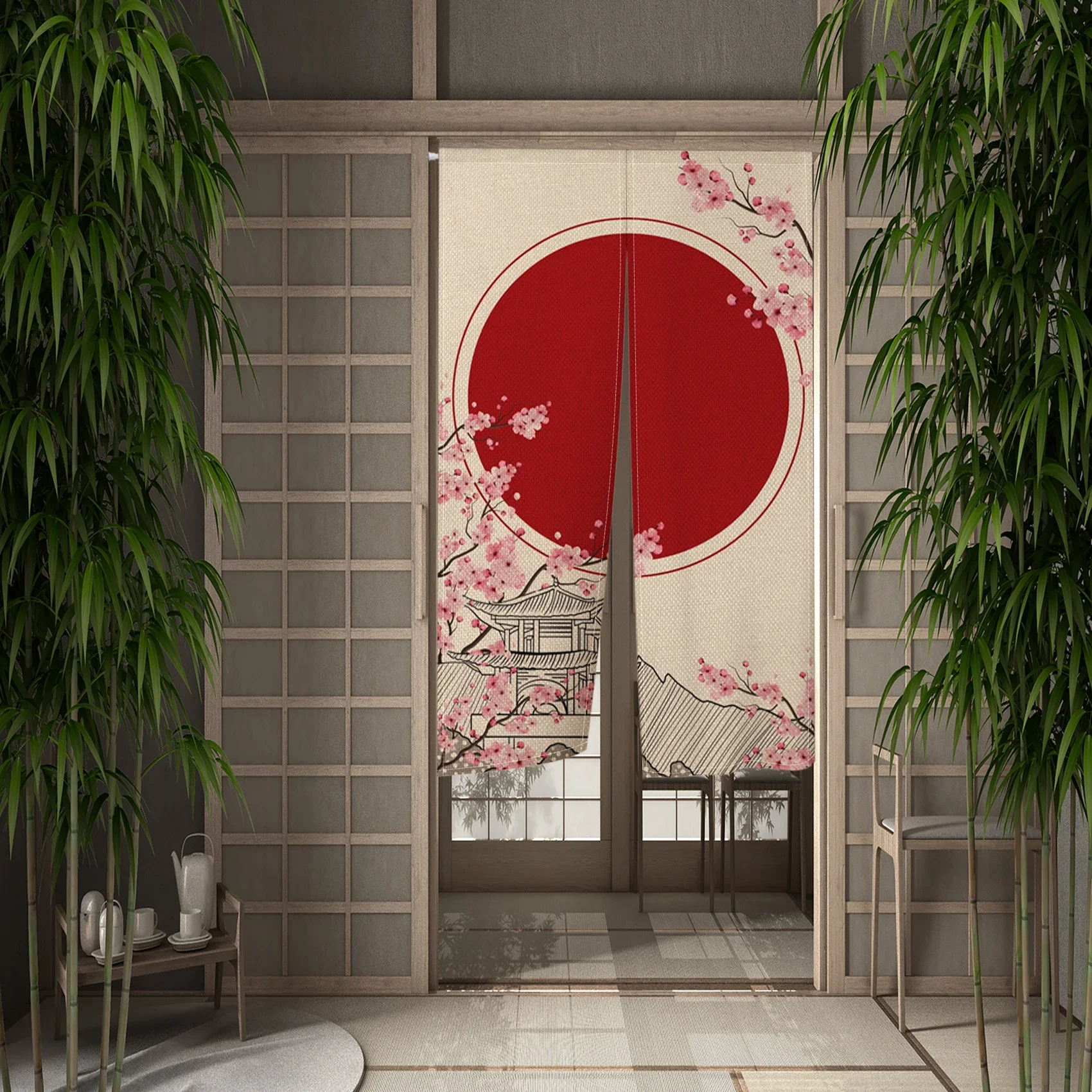 Japan Door Curtains Red Sun Japanese Shrine Door Red Round Plum Blossom Noren Kitchen Room Partition Half Curtains Blocking