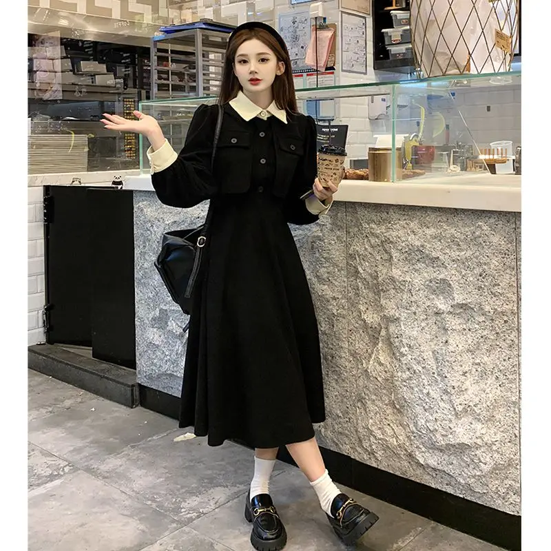 Early Autumn Black Long Dress Women's Spring Autumn Wear Inner Match Waist Cinching Maxi Dress Fake Two-Piece Style Citywalk