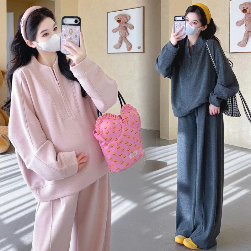 Maternity Clothes Autumn Suits Pregnancy Commuting Wear Top Wide-leg Pants Autumn and Winter Casual Two-piece Set