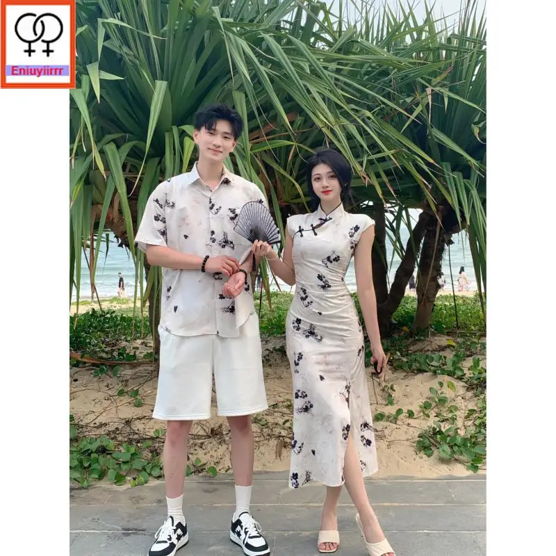 QiPao Cheongsam Dresses New 2025 Summer Sleeveless Cute Honeymoon Date Women Flower Pencil Split Slit Couple Clothes Shirt Dress