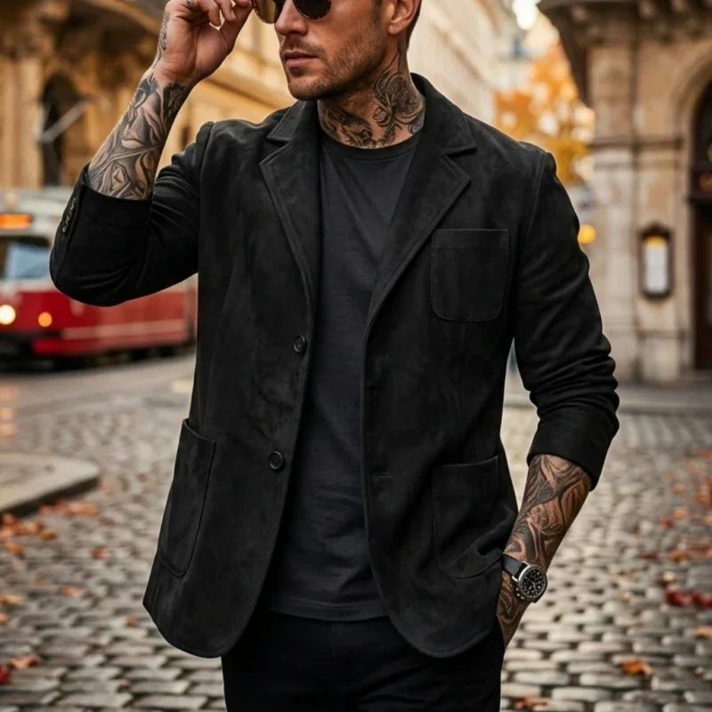 Neue Herbst/Winter Herren Leichte Wildlederjacke Business Casual Streetwear Pendler-Mantel Einfarbige Büro-zu-Straßen-Oberbekleidung für Männer – Detail 5