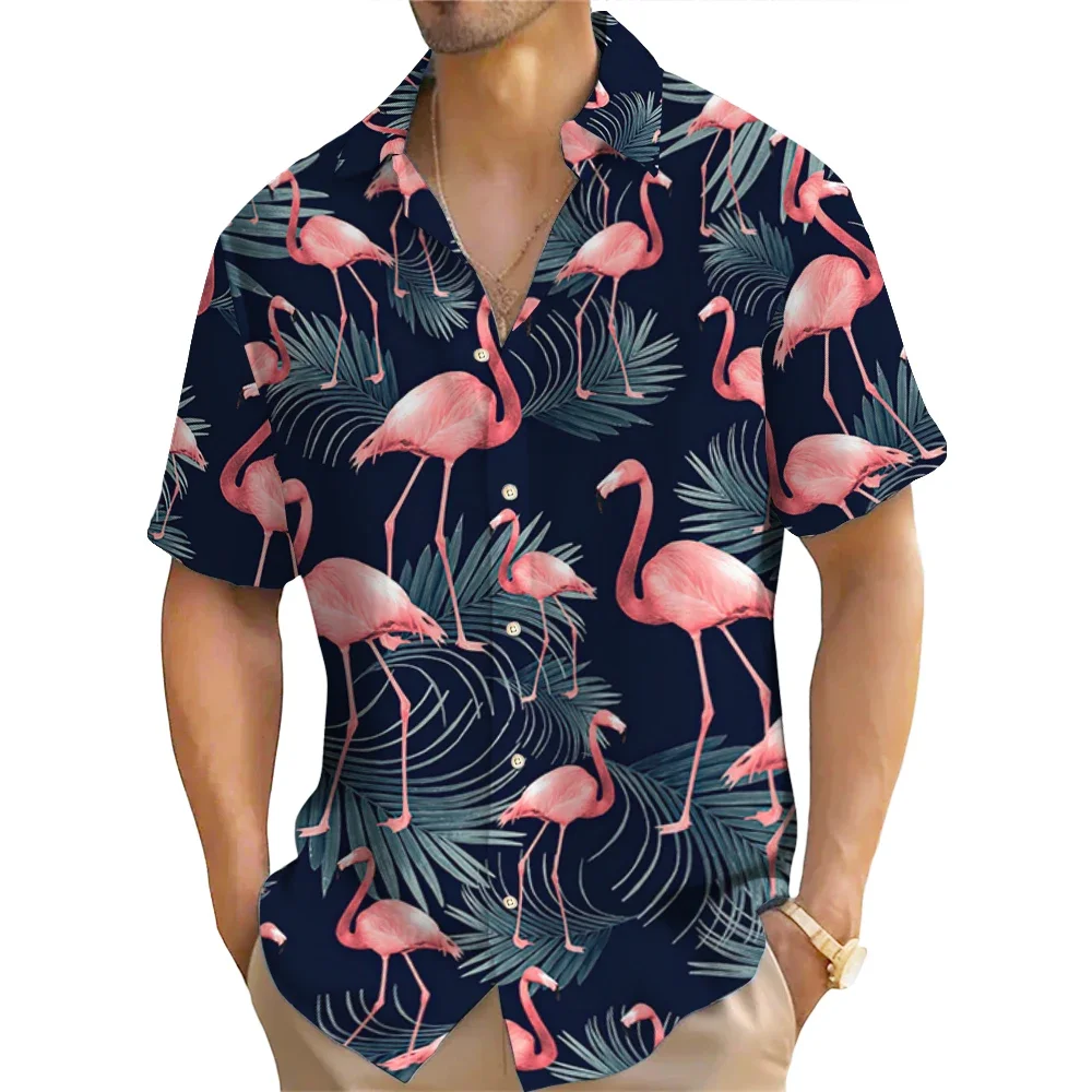 

Flamingo Print Hawaiian Men's Shirt Ideal for Summer Vacations and Vacation Wear Men's Casual Short Sleeve Oversized Tops