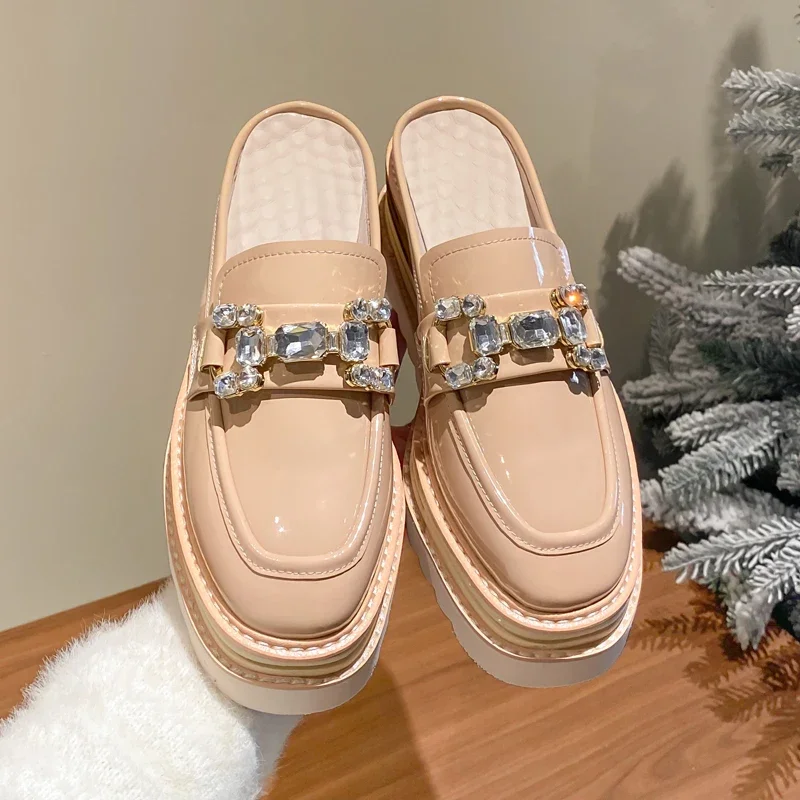 

Women's High Heel Platform Sandals Real Leather Slip-On Diamond Padded Flat Bot Outdoor Wear Comfortable Casual oes