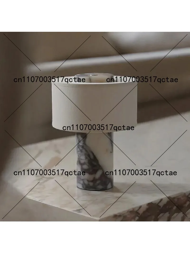 Modern Simple Marble Table Lamp with Fabric Shade Battery Powered LED Bedside Lamp for Bedroom
