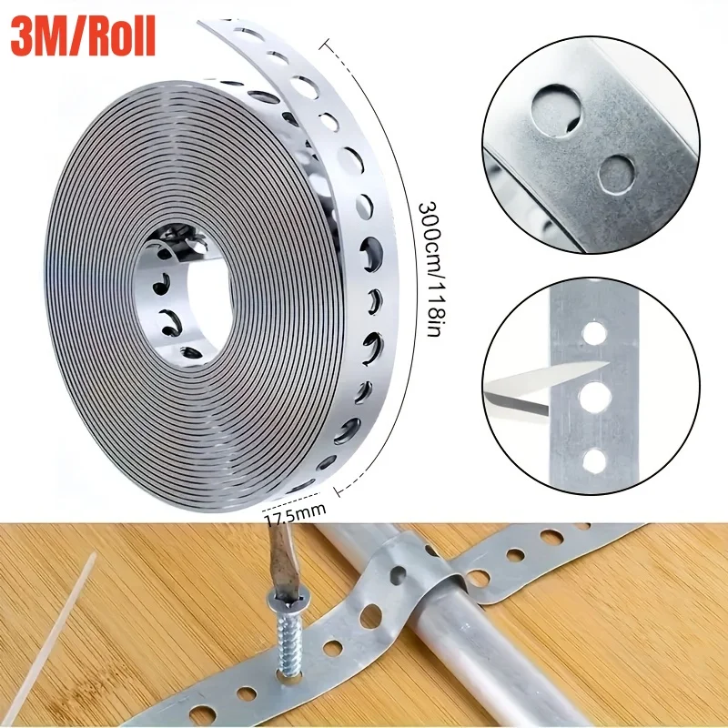 3 m/Rolle Mehrzweck-Klebeband aus verzinktem Stahl, vorgestanztes Metallbänder mit mehreren Steckplätzen, Rohraufhänger für Rohrunterstützung, Blecharbeiten