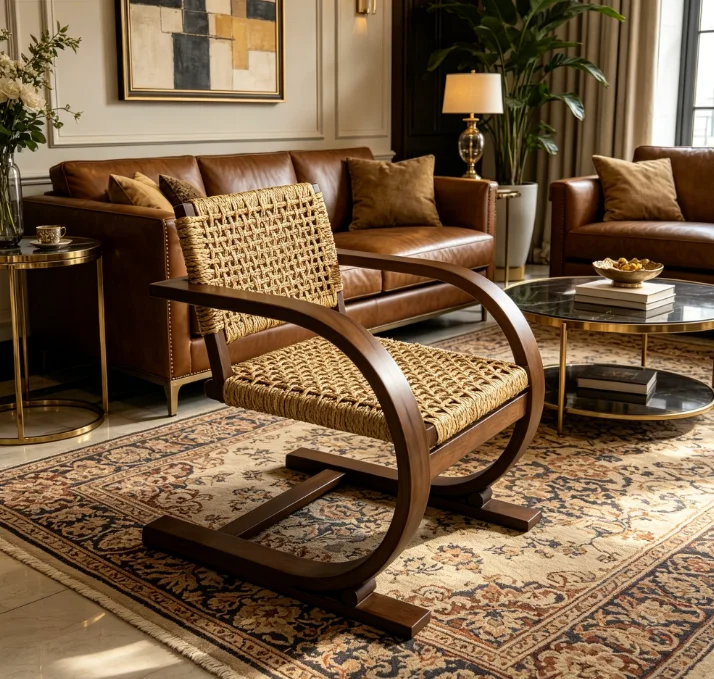 #Contemporary Genuine Leather Rocking Chair with Hand-Woven Detail and Curved Wood Base for Living Room Furniture