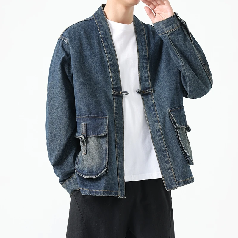 Fashion Men Denim Jacket Cotton Kimono Haori Japanese Pocket Cardigan Coat Vintage Traditional Asian Jackets Clothing 2024