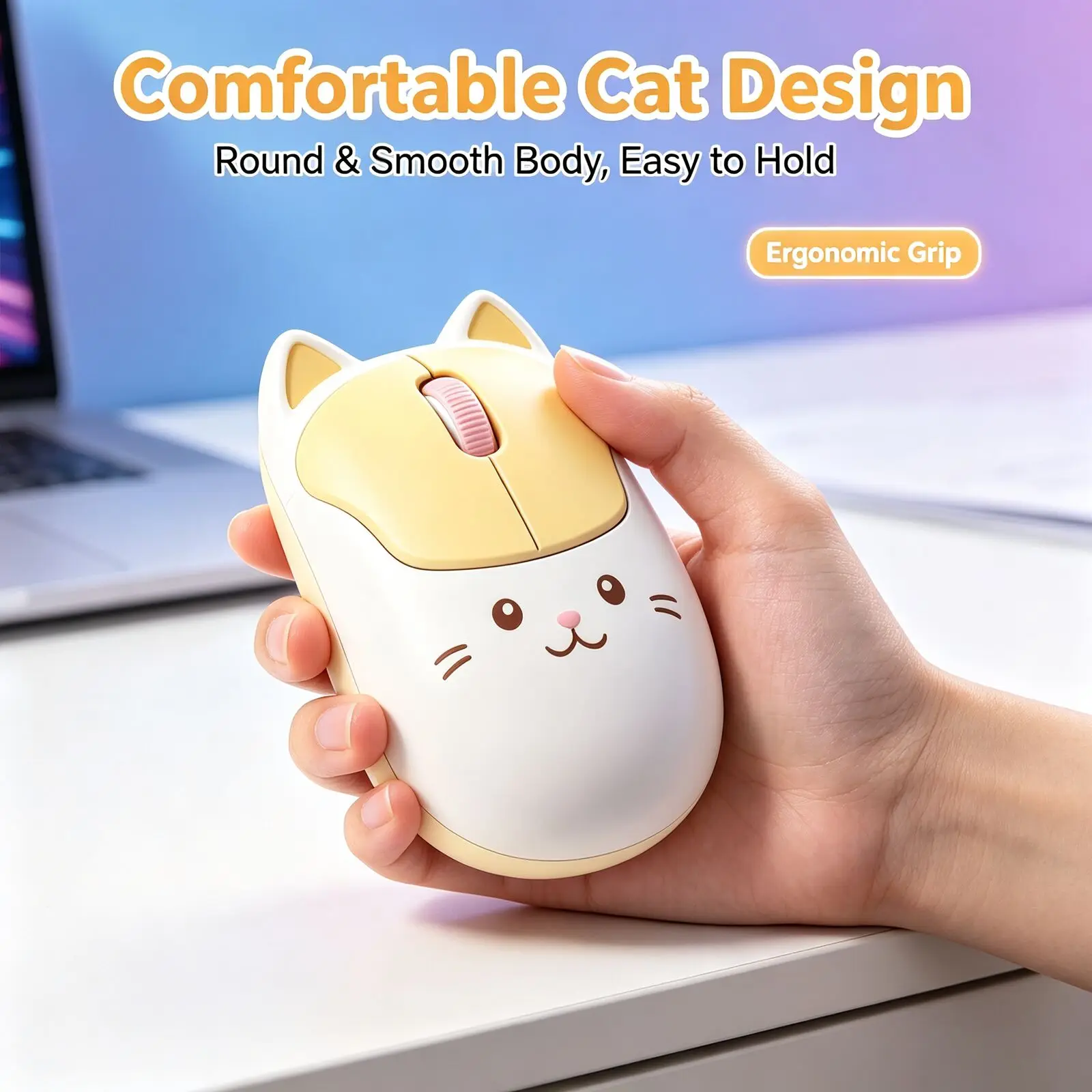 Cute Cat Wireless Mouse Dual Mode Bluetooth 2.4G Silent Click Ergonomic Portable Computer Mouse for PC Laptop Tablet Smartphone