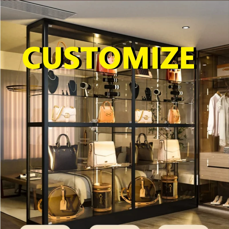 Freestanding Tempered Glass Display Cabinet LED Light Large Space Toy Storage Aluminum Frame Dust Modern Home Figure Showcase