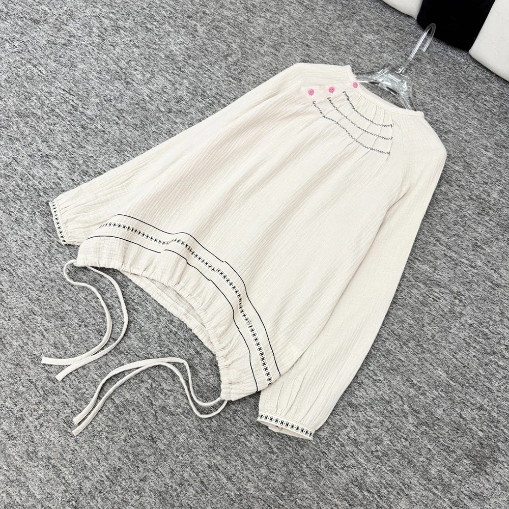100% Cotton Wrinkle-Resistant Button-Front Tie-Detail Women's T-Shirt Elegant Commuter Long-Sleeve Tee Top Spring 2026 New Y2k