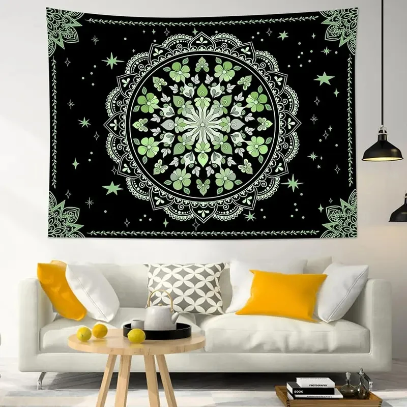 

VIKAMA Green Floral Mandala Tapestry, Black Boho Star Print Wall Hanging for Bedroom, Living Room, Dorm & Hippie Home Decor