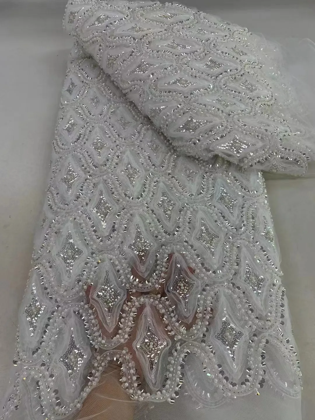 African Sequins Lace Fabric 2024 High Quality Handmade Beaded Lace Material  Nigerian French Net Lace Fabric For Wedding