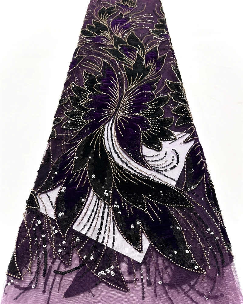 Tessuto di pizzo con perline africane di lusso in maglia di velluto francese con paillettes ricamate per abiti da sera da festa Nuovo design