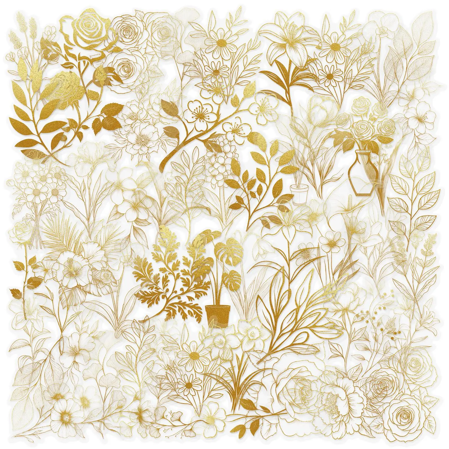 10/50 Stück Transparente Goldene Pflanzen-Aufkleber Ästhetische Graffiti-Sticker Persönliche Dekoration für Schreibtisch, Scrapbook, Federmäppchen, Tagebuch