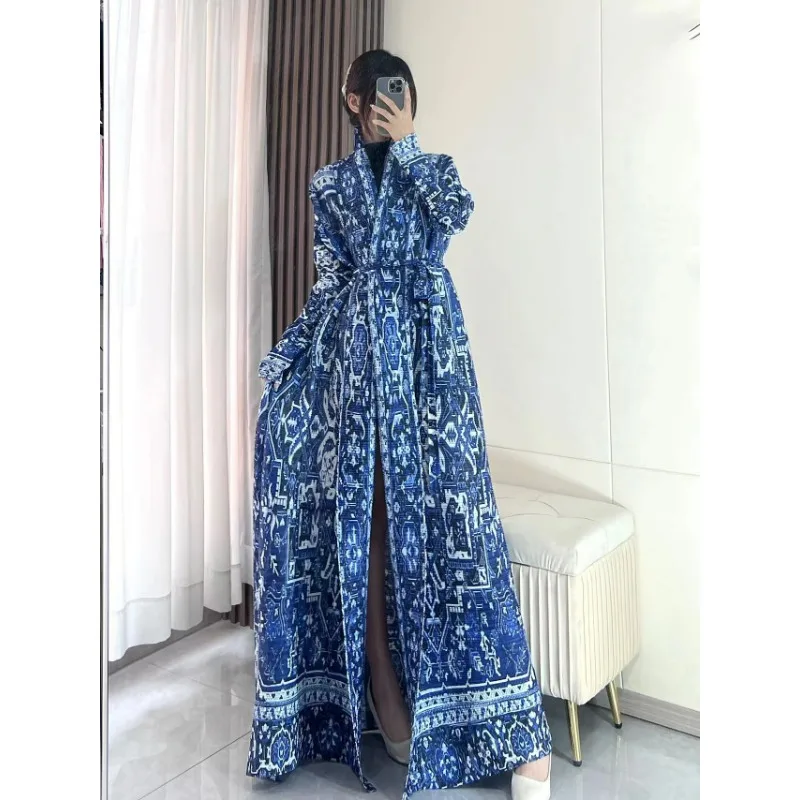 Miyake Pleated Blue Printed Robe Fashion Original Designer Women\'s Long Sleeved V-neck Coats and Jackets