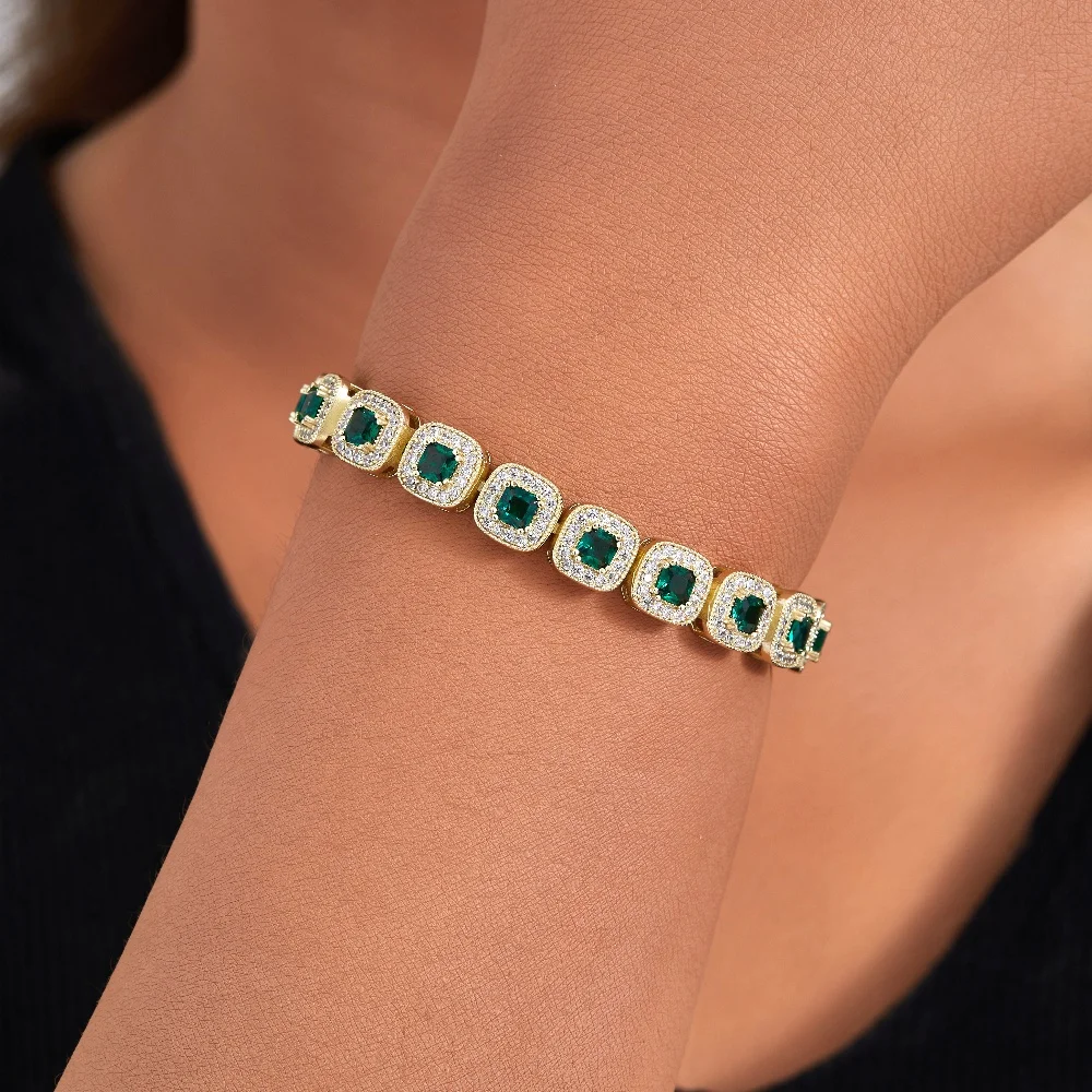 

High Quality Fine Jewelry Elegant 14K Gold Plated Bracelet Green Square Zircon Bracelets