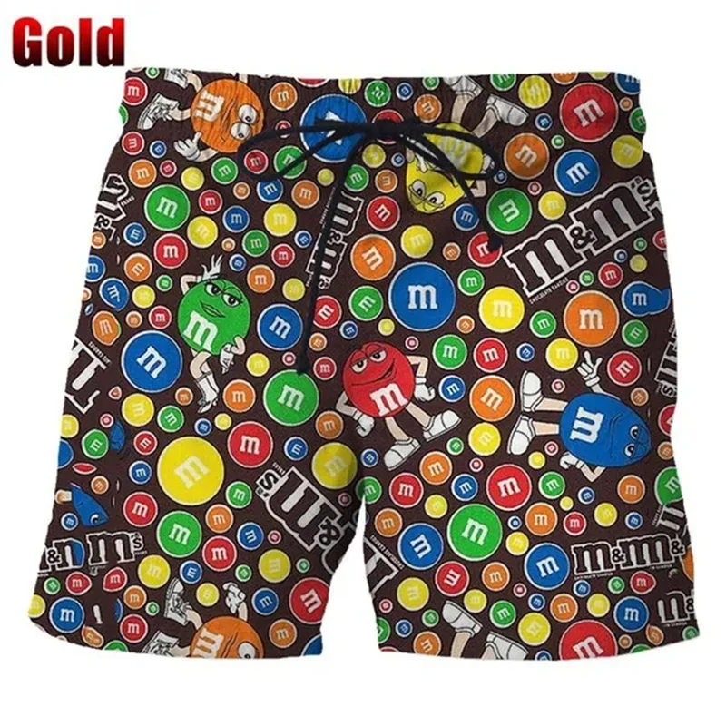 Funny M&M\'s Chocolate Bean Beach Shorts Men 3D Printed M&M Board Shorts Swimsuit Bermuda Swim Trunks Cool Kids Ice Shorts Pants