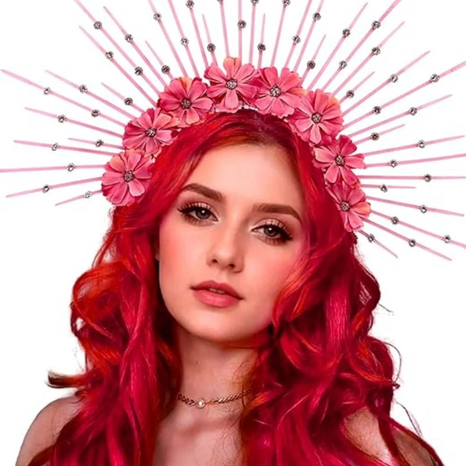 Laventy Flower Halo Crown Flower Rose Spiked Crown Headband Sunburst Zip Tie Headpiece Goddess Costume for Wedding Photoshoot