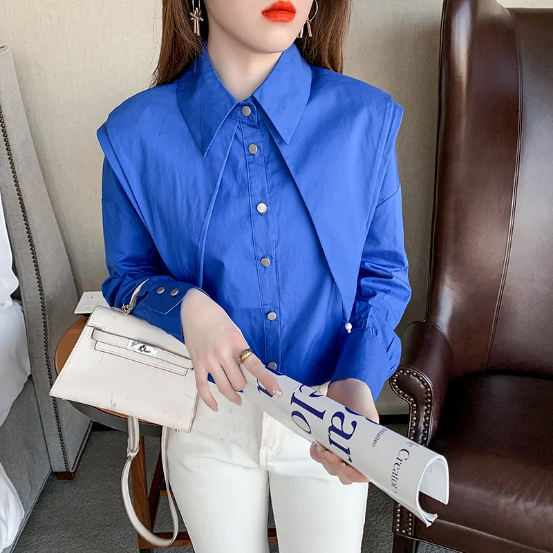 Casual Blue Peter Pan Collar White Shirt Spring Blouse 2023 Long Sleeve Pleasure Shirt Fashion Chic Tops Elegant Clothes 18829