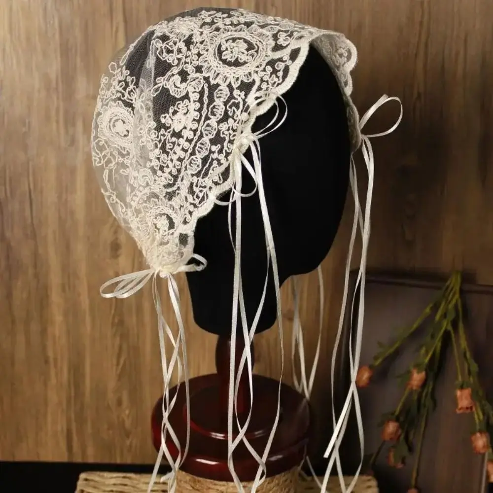 

French Lace Bridal Headband Vintage Embroidered Wedding Hair Accessories Full Lace Bow Ribbon Bride Headwear Wedding Ceremony