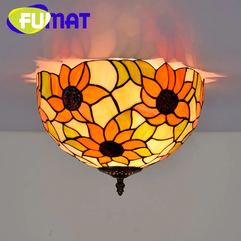 FUMAT Tiffany Sunflower Vintage style stained glass 12inch flush mount light deco the dining room bedroom hallway ceiling light