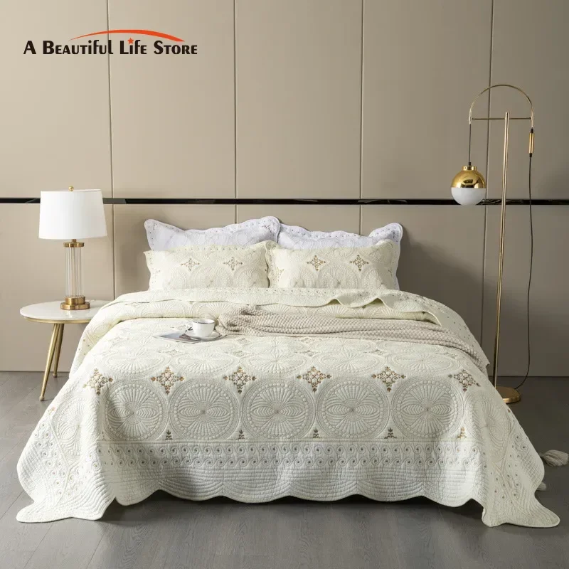Gold Embroidery Cotton Bohemia Bedspreads Quilt Set 3PCS Coverlet Solid Embroidered Bed Cover Set With Pillowcase Summer Blanket