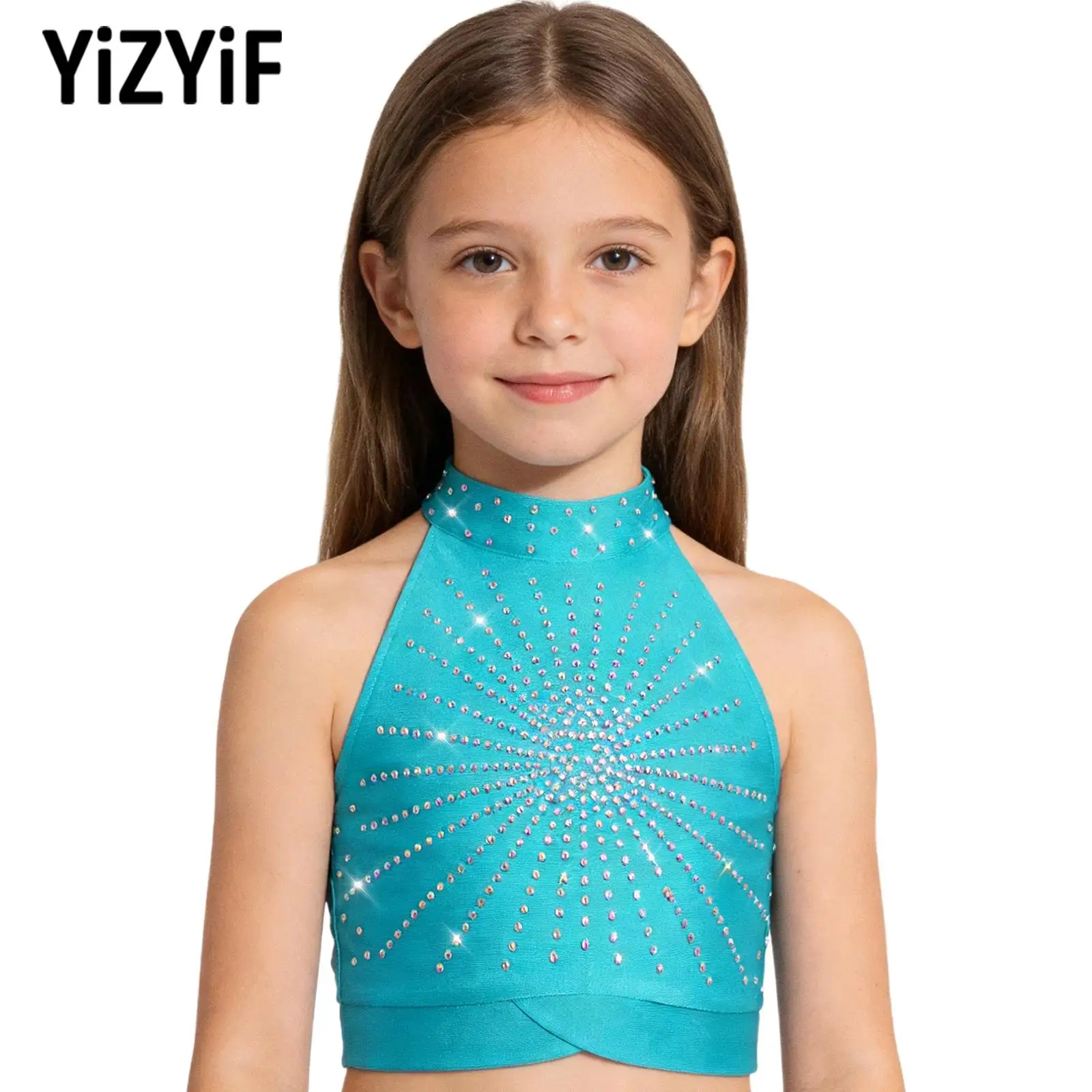 

Блестящий укороченный топ со стразами для девочек, костюм для фигурного катания, балета, танцев, гимнастики, безрукавка с вырезами на спине