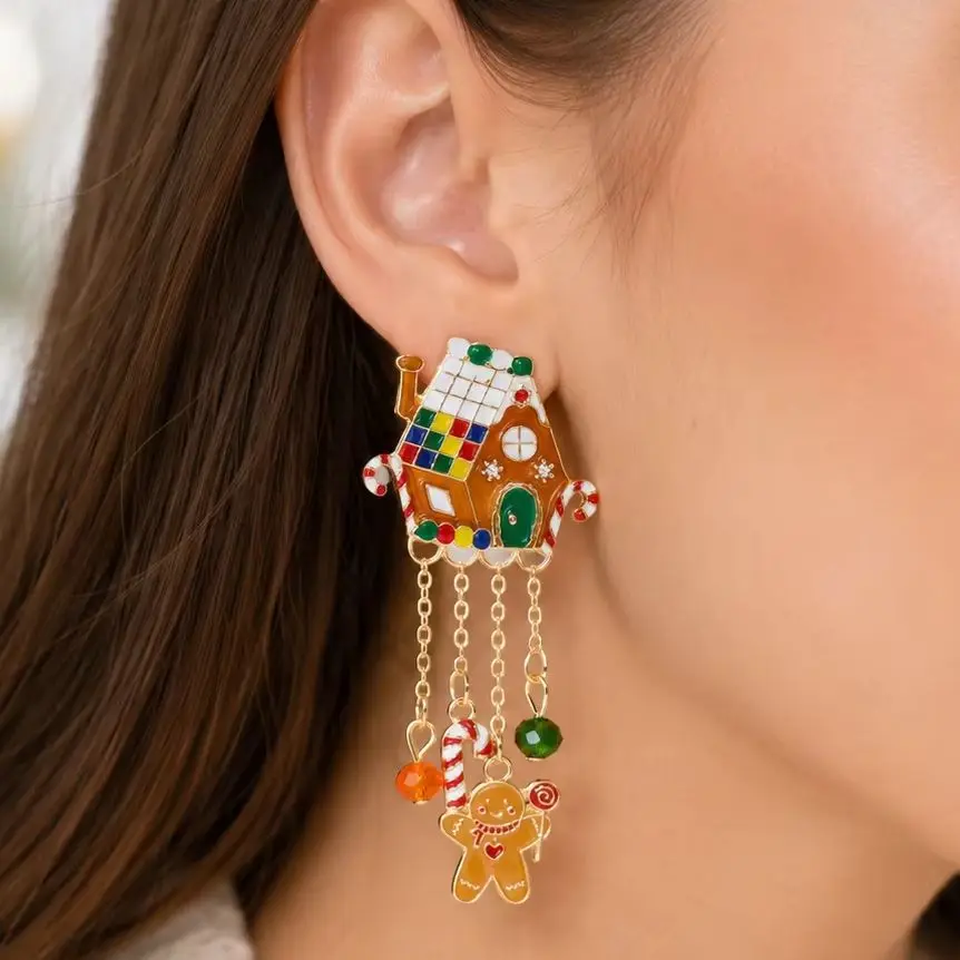 Festive Christmas Gingerbread House Tassel Earrings for Women Enamel Candy Cane Crystal Drop Dangle Holiday Party Jewelry Gift